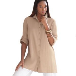NEW Jessica London Linen Blend Tunic Blouse Button Roll-tab 3/4 sleeves Sz 18